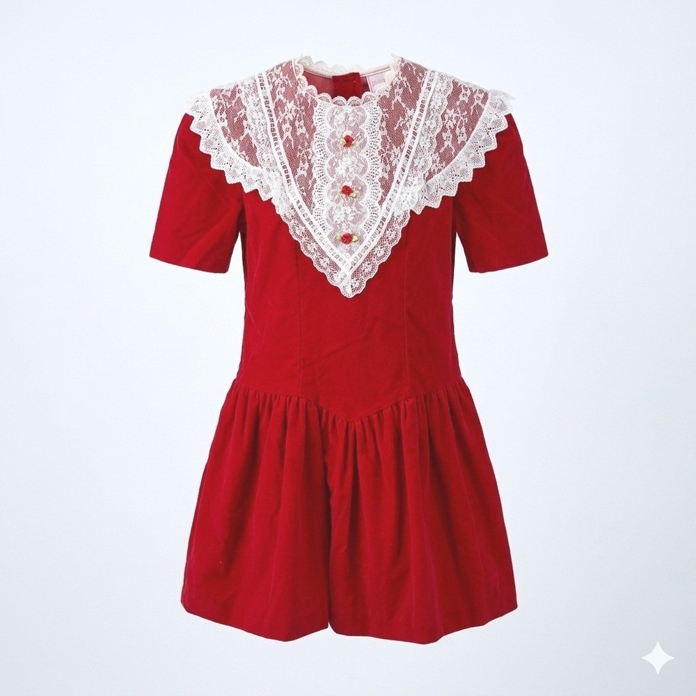 Vintage Picture Perfect Red Velvet Lace Collar Dress Girls Size 10 USA Holiday